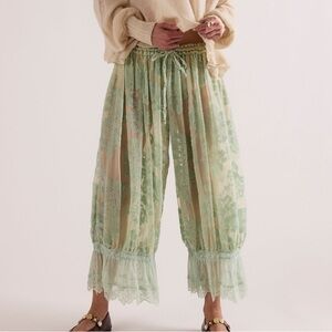 Sheer Lace-Trim Wide Leg Pants in Sage Green